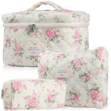 NATINSA Cute Makeup Bag for Women(2 Pcs), Travel Cosmetic Bags, Quilted Coquette Aesthetic Floral To...