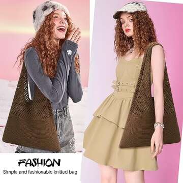 Crochet Tote Bag For Women, Crochet Mesh Beach Tote Bag Summer Vacation Aesthetic Boho Knit Bag for Women (F-Coffee)