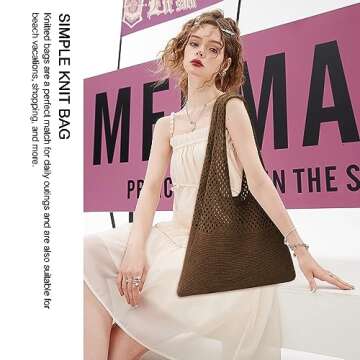 Crochet Tote Bag For Women, Crochet Mesh Beach Tote Bag Summer Vacation Aesthetic Boho Knit Bag for Women (F-Coffee)