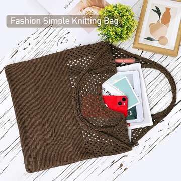 Crochet Tote Bag For Women, Crochet Mesh Beach Tote Bag Summer Vacation Aesthetic Boho Knit Bag for Women (F-Coffee)
