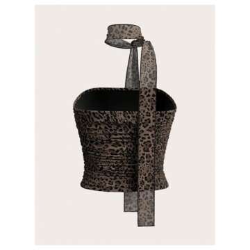 GORGLITTER Women's 2 Piece Leopard Cheetah Ruched Y2k Tube Top Strapless Bandeau with Neck Band