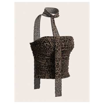 GORGLITTER Women's 2 Piece Leopard Cheetah Ruched Y2k Tube Top Strapless Bandeau with Neck Band