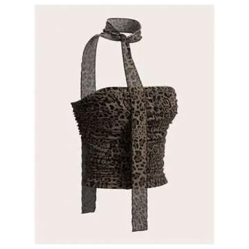 GORGLITTER Women's 2 Piece Leopard Cheetah Ruched Y2k Tube Top Strapless Bandeau with Neck Band