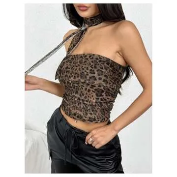 GORGLITTER Women's 2 Piece Leopard Cheetah Ruched Y2k Tube Top Strapless Bandeau with Neck Band