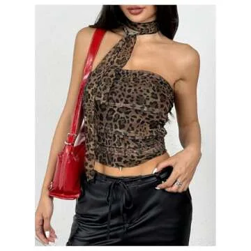 GORGLITTER Women's 2 Piece Leopard Cheetah Ruched Y2k Tube Top Strapless Bandeau with Neck Band