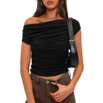 Darong Women's Summer Short Sleeve Boat Neck Off Shoulder Slim Fit Crop Top Going Out Blouses Y2K Ti...