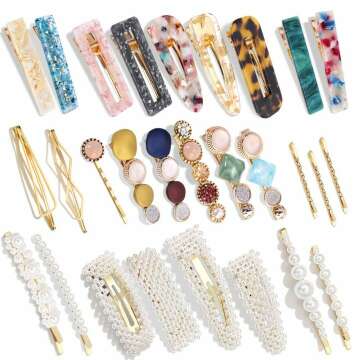 28 PCS Handmade Hingwah Pearls & Acrylic Hair Clips - Elegant Gold Accessories