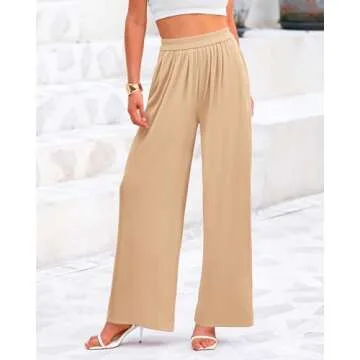 BTFBM Womens Casual Wide Leg Pants Summer Fall Clothes Pleated Elastic Waist Loose Palazzo Knit Trousers with Pockets(Solid Beige, Small)