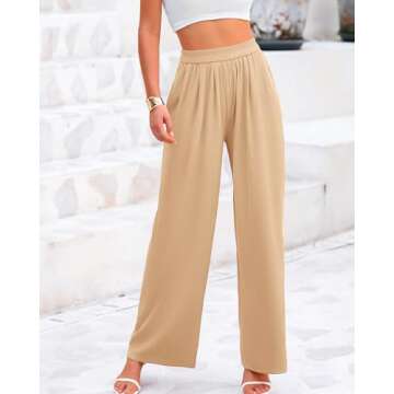 BTFBM Womens Casual Wide Leg Pants Summer Fall Clothes Pleated Elastic Waist Loose Palazzo Knit Trousers with Pockets(Solid Beige, Small)