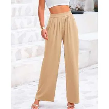 BTFBM Womens Casual Wide Leg Pants Summer Fall Clothes Pleated Elastic Waist Loose Palazzo Knit Trousers with Pockets(Solid Beige, Small)