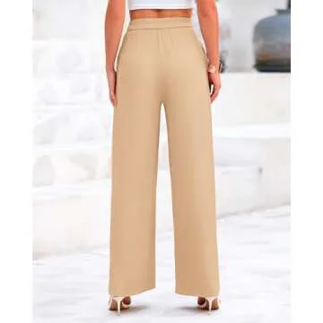 BTFBM Womens Casual Wide Leg Pants Summer Fall Clothes Pleated Elastic Waist Loose Palazzo Knit Trousers with Pockets(Solid Beige, Small)