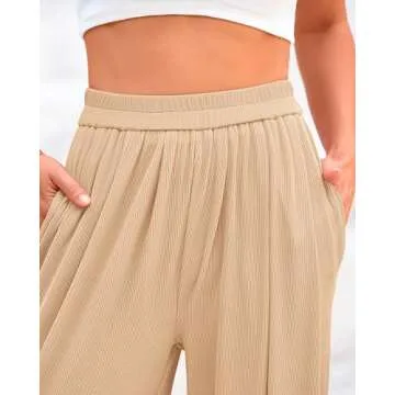 BTFBM Womens Casual Wide Leg Pants Summer Fall Clothes Pleated Elastic Waist Loose Palazzo Knit Trousers with Pockets(Solid Beige, Small)