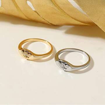 micuco 14K Gold Signet Rings for Women Handmade Rings Bee Engraved Silver Statement Ring 14K Gold 5