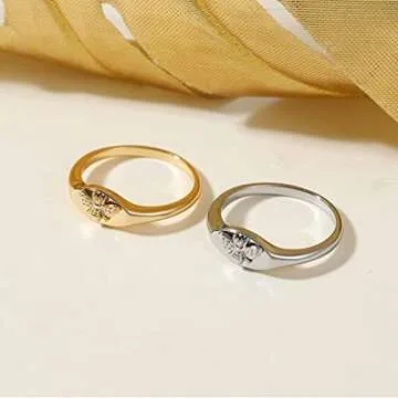 micuco 14K Gold Signet Rings for Women Handmade Rings Bee Engraved Silver Statement Ring 14K Gold 5