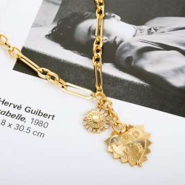 PALATINUS Sun Heart Charm Necklace for Women Thick Chain Heart Pendent Necklace 18K Gold Plated Choker Necklace Chunky Heart Necklace INS Hip Hop Neutral Unisex Necklace Gold Color