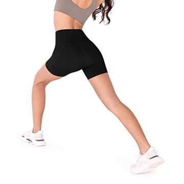 ODODOS Women's 4" High Waist Biker Shorts with Pockets, Tummy Control Non See Through Workout Sports Athletic Running Yoga Shorts, Black, X-Small