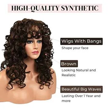 LONAI 23 Inch Brown Curly Wig with Bangs WIG006 Long Vintage Hairstyle with Curly Fringe Synthetic W...