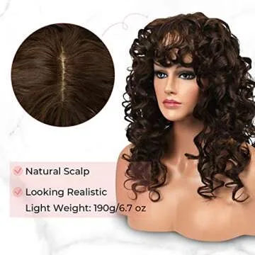 LONAI 23 Inch Brown Curly Wig with Bangs WIG006 Long Vintage Hairstyle with Curly Fringe Synthetic Wig for Women Daily Use Party-Brown