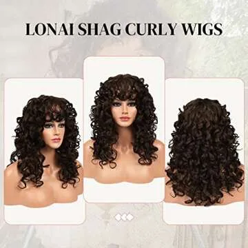 LONAI 23 Inch Brown Curly Wig with Bangs WIG006 Long Vintage Hairstyle with Curly Fringe Synthetic Wig for Women Daily Use Party-Brown