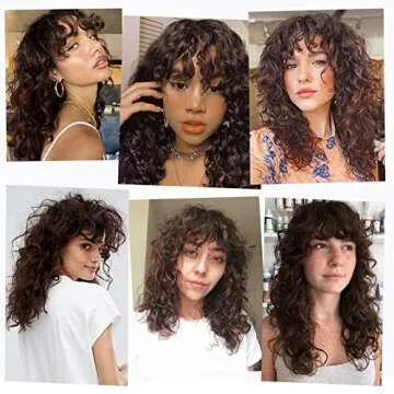 LONAI 23 Inch Brown Curly Wig with Bangs WIG006 Long Vintage Hairstyle with Curly Fringe Synthetic Wig for Women Daily Use Party-Brown