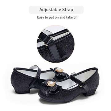 Stelle Girls Dress Shoes Glitter Princess Shoe Flower Mary Jane Low Heels Party Wedding Prom Footwear for Toddler Kids(T13-Black, 12ML)