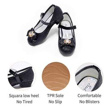 Stelle Girls Dress Shoes Glitter Princess Shoe Flower Mary Jane Low Heels Party Wedding Prom Footwear for Toddler Kids(T13-Black, 12ML)