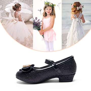 Stelle Girls Dress Shoes Glitter Princess Shoe Flower Mary Jane Low Heels Party Wedding Prom Footwear for Toddler Kids(T13-Black, 12ML)