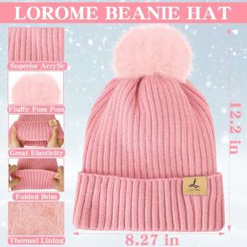 LOROME Women Winter Beanie Hat Scarf Gloves Set, Fleece Knitted Pompom Hat Warm Neck Scarf Touchscreen Gloves Winter Gift