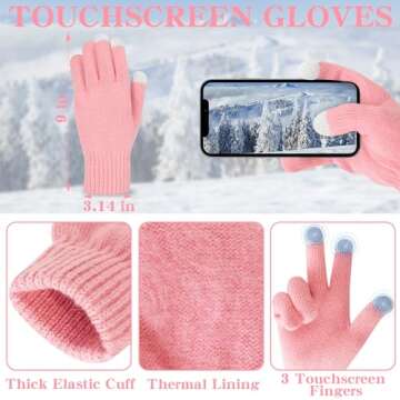 LOROME Women Winter Beanie Hat Scarf Gloves Set, Fleece Knitted Pompom Hat Warm Neck Scarf Touchscreen Gloves Winter Gift