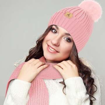 LOROME Women Winter Beanie Hat Scarf Gloves Set, Fleece Knitted Pompom Hat Warm Neck Scarf Touchscreen Gloves Winter Gift