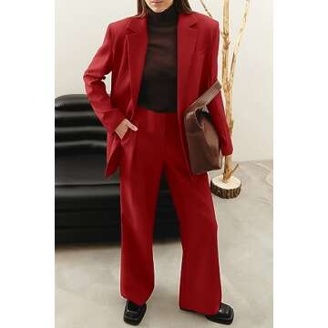 PRETTYGARDEN Women's Fall Two Piece Outfits Dressy Blazer Jacket and Wide Leg Pants Pockets Business Casual Office Suit Sets (Red,Medium)