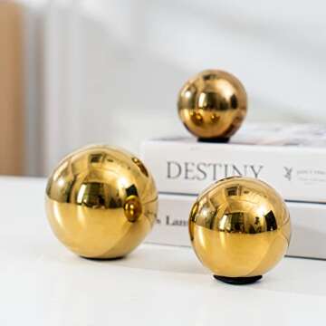WEIDILIDU Decorative Orbs Abstract Art Ball (Set of 3) Ceramic Statue Sculpture Decoration Ornaments for Living Room Dining Room Office Cabinet Bar Shelves Table Center Pieces (Golden Ball WG123)