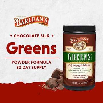 Barlean's Chocolate Greens Powder, Daily Fruits and Veggies Superfood Supplement, Green Antioxidant Blend and Fiber Super Power Smoothie Mix, 9.52 oz