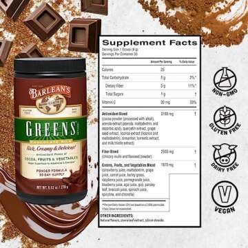 Barlean's Chocolate Greens Powder, Daily Fruits and Veggies Superfood Supplement, Green Antioxidant Blend and Fiber Super Power Smoothie Mix, 9.52 oz