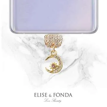 ELISE & FONDA TP218 Type-C Charging Port Crystal Anti Dust Plug Tiny Moon and Star Cell Phone Charm for Samsung Galaxy/OnePlus/Xiaomi/oppo Android Phone iPhone 15/16 (Gold)