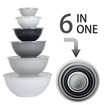 BoxedHome BPA Free Plastic Round Mixing Bowl with Lids, 12 Pack Nesting Bowls with Lids Set, Microwave and Dishwasher Safe Prep & Serving Bowls Great for Mixing, Baking, Serving (White, 12pcs)