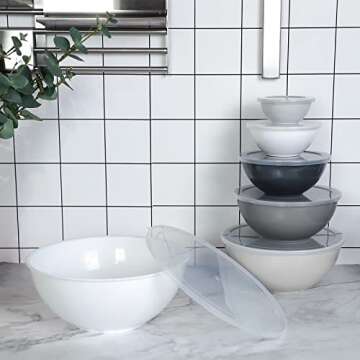 BoxedHome BPA Free Plastic Round Mixing Bowl with Lids, 12 Pack Nesting Bowls with Lids Set, Microwave and Dishwasher Safe Prep & Serving Bowls Great for Mixing, Baking, Serving (White, 12pcs)