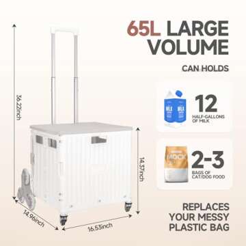 Collapsible Rolling Crate for Stair Climbing : Rolling Cart for Shopping Teacher Laundry (Milky White)
