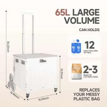 Collapsible Rolling Crate for Stair Climbing : Rolling Cart for Shopping Teacher Laundry (Milky White)