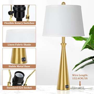 Table Lamps Set of 2 with 2 USB Charging Ports, Gold Bedside Lamp with Rotary Switch, 26.4” Tall Brass Nightstand Lamp with White Shade, Desk Lamp with E26 Edison Socket for Living Room Bedroom Office