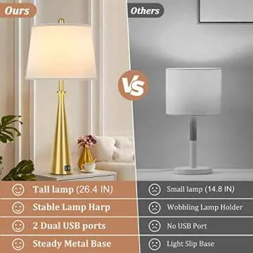 Table Lamps Set of 2 with 2 USB Charging Ports, Gold Bedside Lamp with Rotary Switch, 26.4” Tall Brass Nightstand Lamp with White Shade, Desk Lamp with E26 Edison Socket for Living Room Bedroom Office