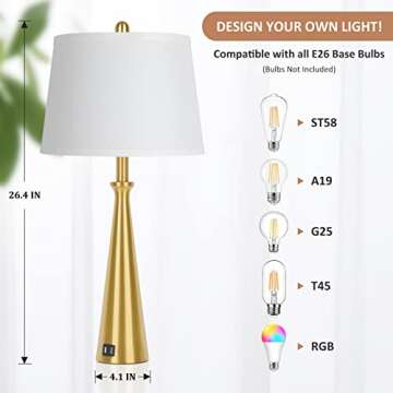 Table Lamps Set of 2 with 2 USB Charging Ports, Gold Bedside Lamp with Rotary Switch, 26.4” Tall Brass Nightstand Lamp with White Shade, Desk Lamp with E26 Edison Socket for Living Room Bedroom Office