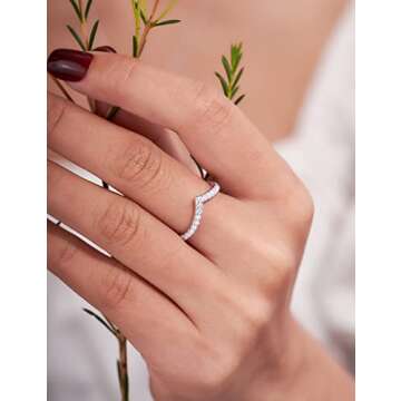 IMOLOVE Moissanite Wedding Band Wedding Rings for Women V-Shaped 925 Sterling Silver Rings with 18K White Gold Plated Eternity Stackable Engagement Ring Anniversary Band Size 7