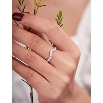 IMOLOVE Moissanite Wedding Band Wedding Rings for Women V-Shaped 925 Sterling Silver Rings with 18K White Gold Plated Eternity Stackable Engagement Ring Anniversary Band Size 7