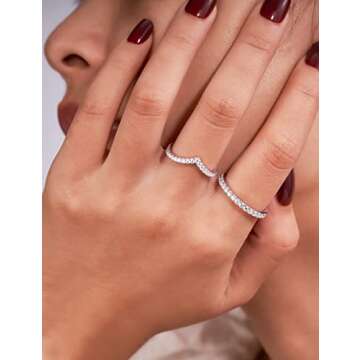 IMOLOVE Moissanite Wedding Band Wedding Rings for Women V-Shaped 925 Sterling Silver Rings with 18K White Gold Plated Eternity Stackable Engagement Ring Anniversary Band Size 7