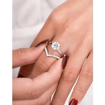 IMOLOVE Moissanite Wedding Band Wedding Rings for Women V-Shaped 925 Sterling Silver Rings with 18K White Gold Plated Eternity Stackable Engagement Ring Anniversary Band Size 7