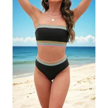 Yii ouneey Women Bikini Two Piece Bandeau Swimsuits High Waisted Strapless Bathing Suit Color Block Tummy Control Swim Suits