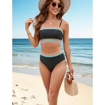 Yii ouneey Women Bikini Two Piece Bandeau Swimsuits High Waisted Strapless Bathing Suit Color Block Tummy Control Swim Suits
