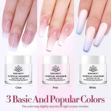 BORN PRETTY Acrylic Nail Kit - Acrylic Powder (Clear, White, Pink) & Liquid Set with Nail Forms, Bru...