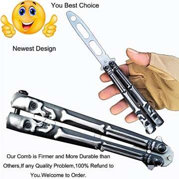 Kaqkiasiog 1 Pcs Newest Black Skull Totem Stainless Steel Practice Tactical Dull Butterfly Comb Folding Knife Blunt Rotatable Trainer Hand Safe Training Unsharpened Tool Set